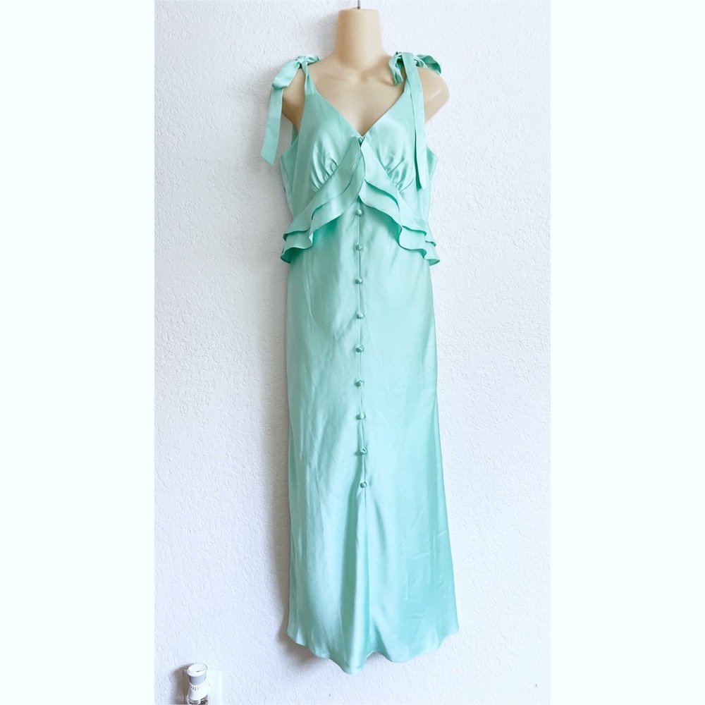 Anthropologie Hutch Mint Green Silky Midi Slip Dress SMALL Ruffle Shoulder Ties